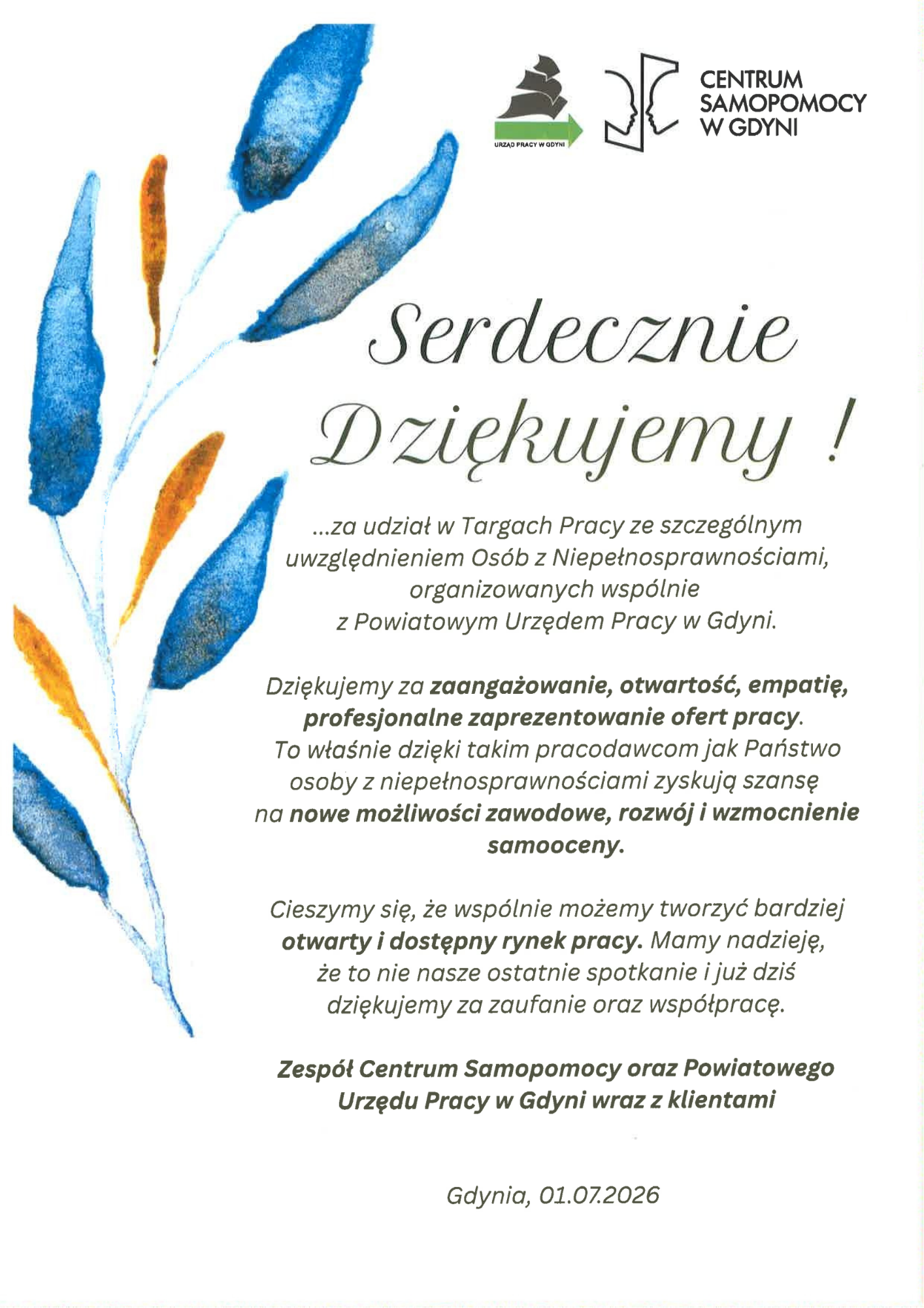 Podziękowanie za udział w Targach Pracy ze szczególnym uwzględnieniem Osób z Niepełnosprawnościami