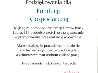 Podziękowanie za pomoc w organizacji Targów Pracy