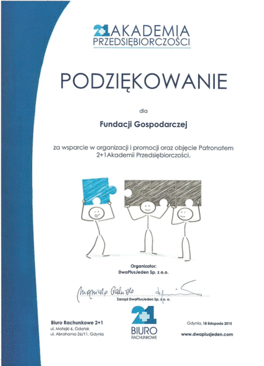 Podziękowanie za wsparcie w organizacji i promocji oraz objęcie Patronatem  2+1 Akademii Przedsiębiorczości