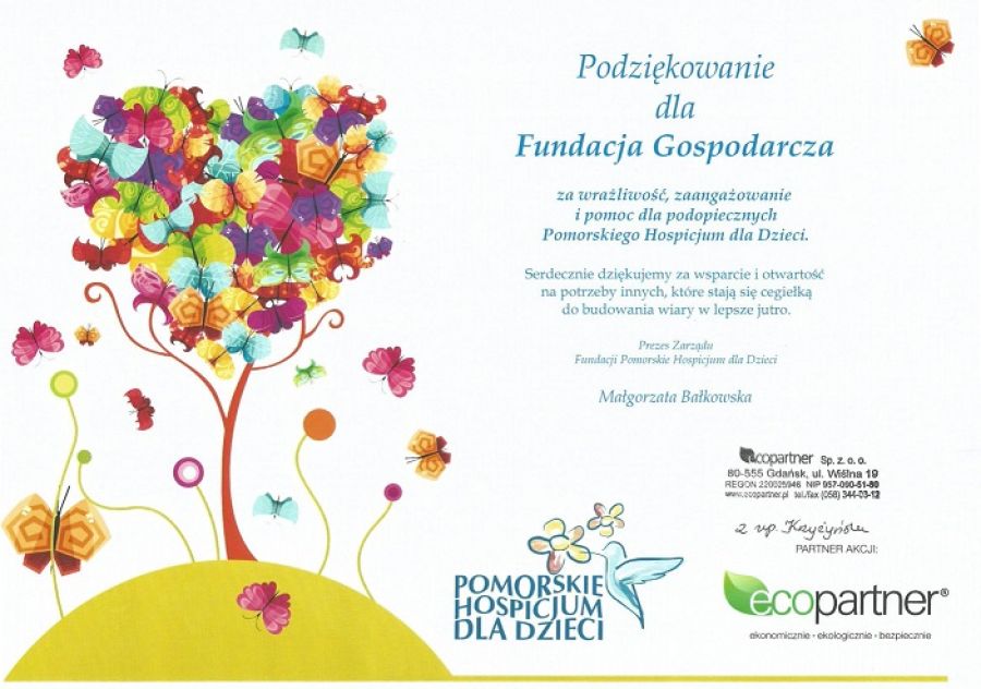 Podziękowanie od Pomorskiego Hospicjum dla Dzieci