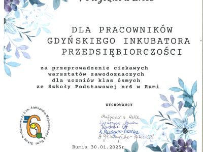 Podziękowanie - warsztaty dla młodzieży